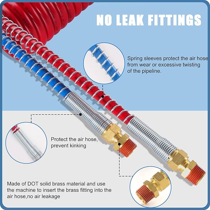 Air Brake Line Hose Coil Assembly Coiled Set 15 FT Air Lines Semi Truck Trailer Hoses,1/2" NPT DOT Fittings with Glad Hands & Grips & Rubber Seals (15' Length x 12" Tractor Lead)
