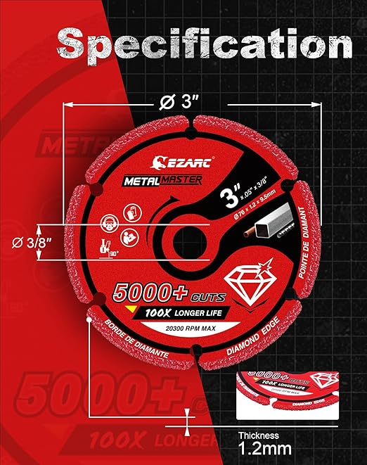 EZARC Diamond Cutting Wheel 3 x 3/8 Inch, 5000+ Cuts on Metal, 2 Pack, Gray, Die Grinder, Diamond Material