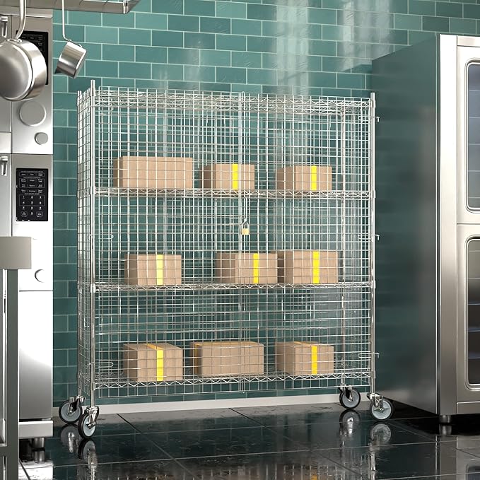 Commercial Grade NSF Listed Metal Wire Mesh Storage Chrome Mobile Security Cage Kit, 18" x 60" x 70", Perfect for Warehouse, Grocery Store, Restaurant, Dishroom