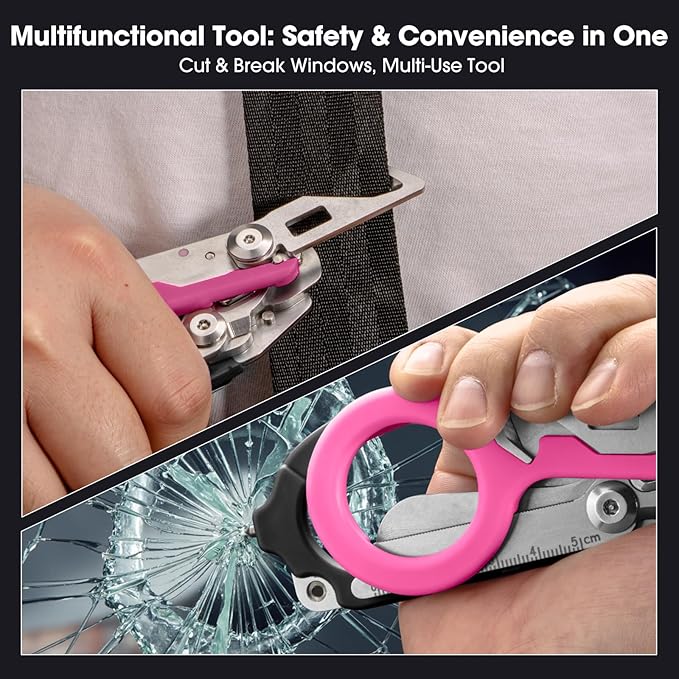 6 in 1 Multifunctional Combination Tool, Folding Retractable Emergency Shears, Outdoor Camping Tools, Seat Belt Cutter, Oxygen Cylinder Wrench, Complimentary Adjustable Wrench (Black Pink)