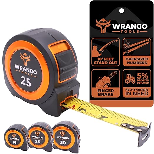 Wrango Tools Tape Measure 25 FT - Measuring Tape Retractable - Oversized & Double-Sided Print - Blade Lock, Finger Brake - High Performance Nylon Coating, 10' Stand-Out - 13' Reach / 1-1/16" Blade