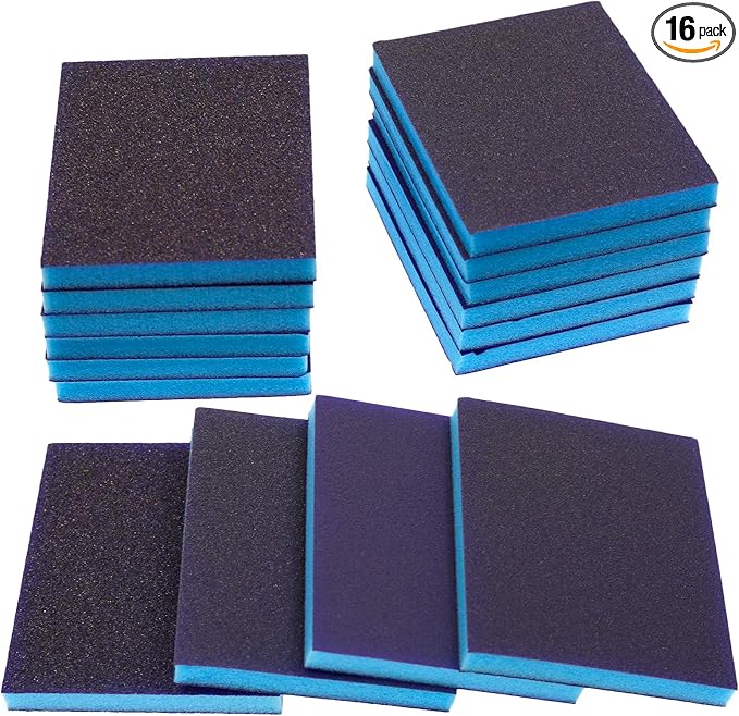 BokWin 16Pcs Sanding Sponge 60 Grit/ 100 Grit/ 120 Grit/ 220 Grit Sanding Blocks, Washable and Reusable Sand Sponge Kit (Including 4 Assortment Grade Coarse, Medium, Fine,Superfine)