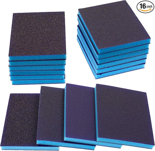 BokWin 16Pcs Sanding Sponge 60 Grit/ 100 Grit/ 120 Grit/ 220 Grit Sanding Blocks, Washable and Reusable Sand Sponge Kit (Including 4 Assortment Grade Coarse, Medium, Fine,Superfine)
