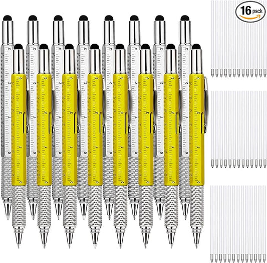 Zhanmai 16 Pcs Multitool Pens 6 in 1 Multi-tool Pen Set with Refills for Men's Birthday Gifts, Christmas Stocking Stuffers for Men Dad Husband (Yellow,Silver)