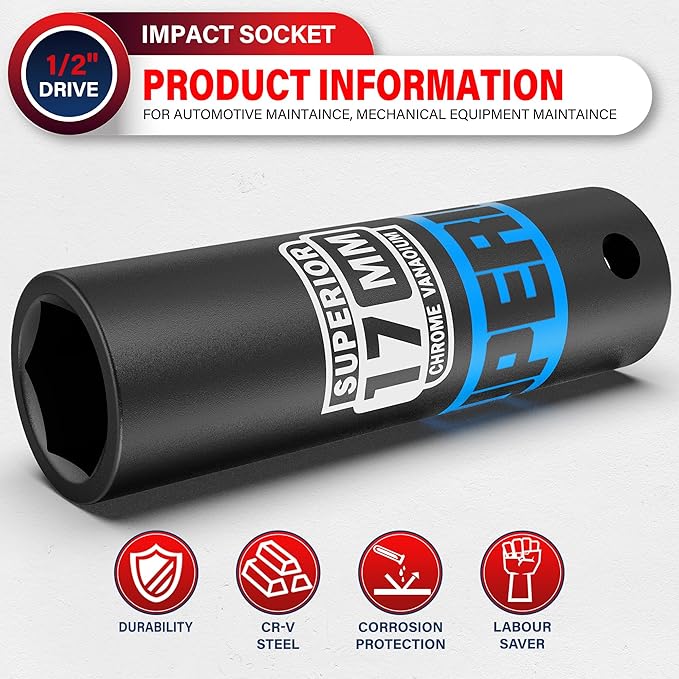 1/2" Drive Impact Socket, 17 mm Deep Socket, Metric, 6 Point, CR-V, for Automotive Maintaince, Mechanical Equipment Maintaince