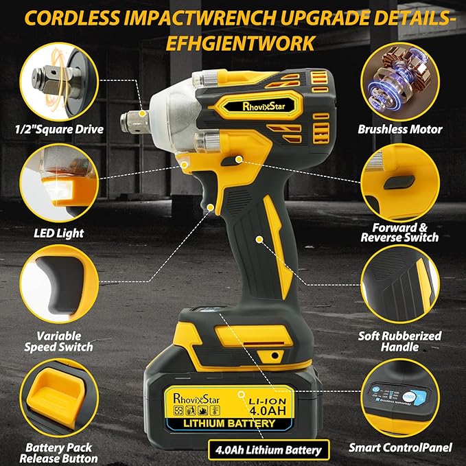 20V MAX Cordless Impact Wrench, 1/2" Brushless Motor High Torque Impact Gun, Variable Speed, Compatible with Makita 18V Battery (Tool Only, No Battery and Charger Included)