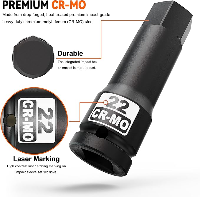 1/2" Drive 22 mm Hex Impact Bit Socket, H22 Allen Bit Socket, Metric, Cr-Mo Steel, Automotive Repair Industrial Maintenance and DIY Enthusiasts Alike