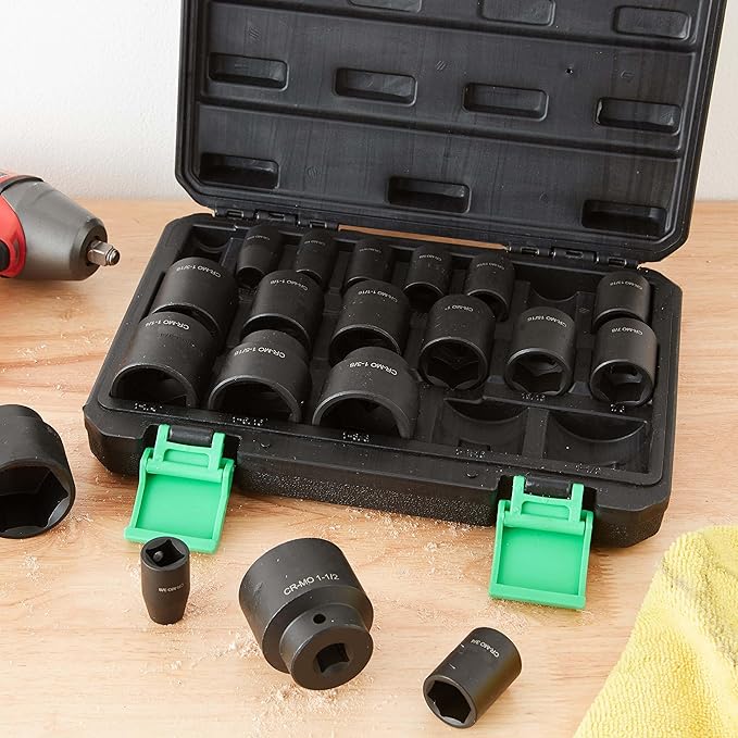 Amazon Basics 19-Piece 1/2-Inch Drive 6 Point Shallow Impact Socket Set, SAE Size With Carrying Case, 10.2" x 8.5" x 2.4"
