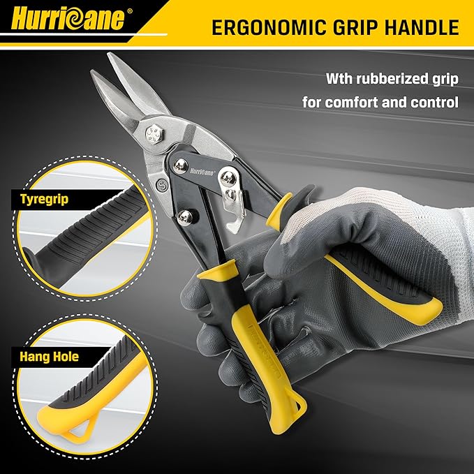 HURRICANE 3 pc Aviation Tin Snips Set, 10 inch Metal Cutter Shears for Cutting Sheet Metal, Cr-V Blades, Straight Left and Right Aviation Snips, with Ergonomical TyreGrip Handle and Safety Latch