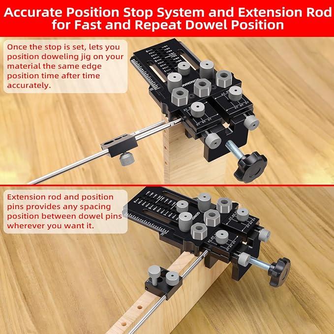 Dowel Jig Kit with Quick Positive Stop and Clamp, Adjustable Doweling Jig for Drill 1/4, 3/8 and 1/2 Inch Accurate Straight Dowel Holes, Fit Any Thickness Wood Joints, for Cabinet, Furniture