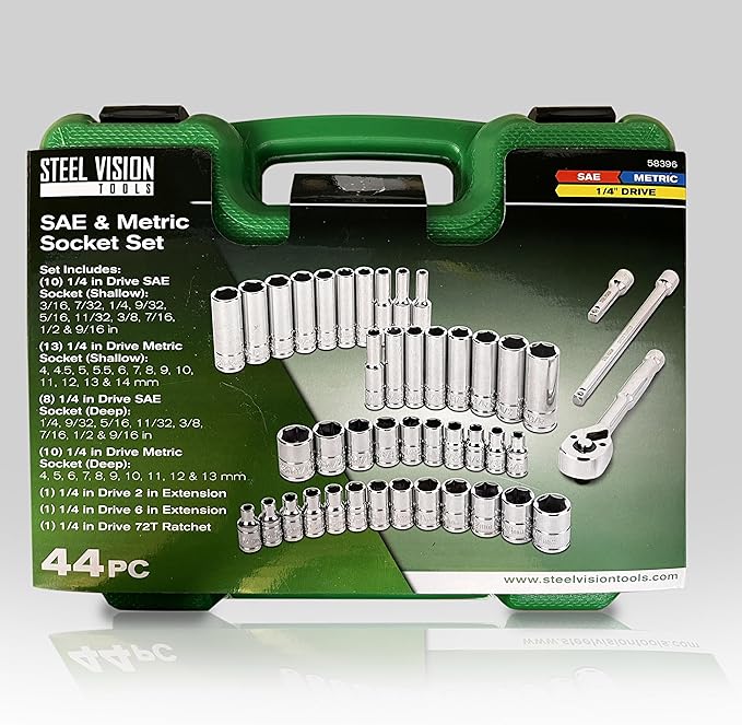 Steel Vision Tools 44-Piece 1/4" Drive SAE & Metric Socket Set, Shallow & Deep, Chrome Finish, 72T Ratchet & Extensions, Mechanic Tool Kit for Automotive & DIY Repair