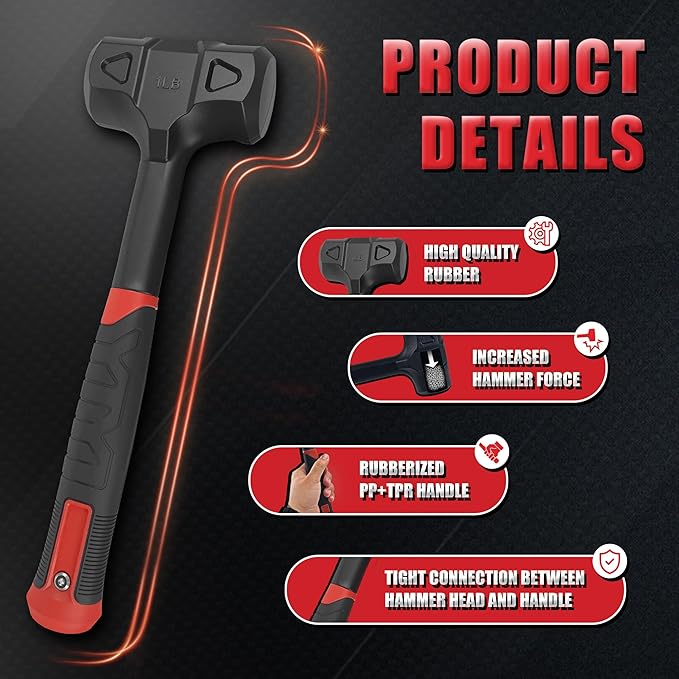YIYITOOLS 1LB (16oz) Dead Blow Hammer, Heavy Duty One-Piece Forged Carbon Steel Construction, Steel Ball-Filled Head, Anti-Vibration Rubber Grip, Spark and Rebound Resistant, Ideal for DIY, Automotive