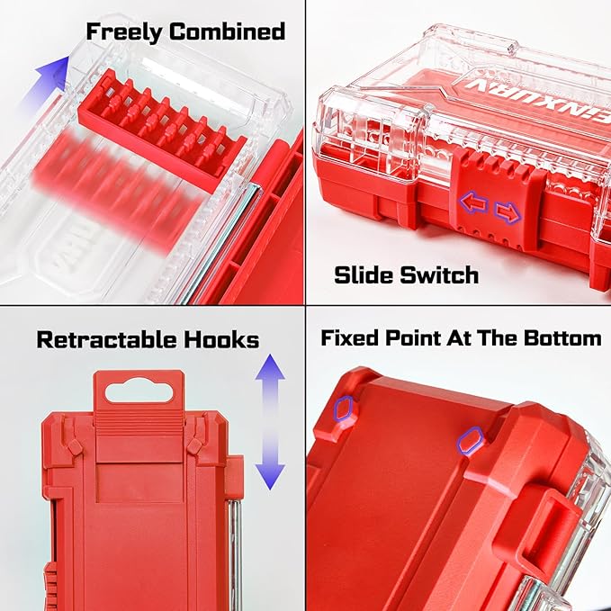 1Pc Red Storage Box Case, small parts box with detachable divider, Screwdriver Bit Set Box