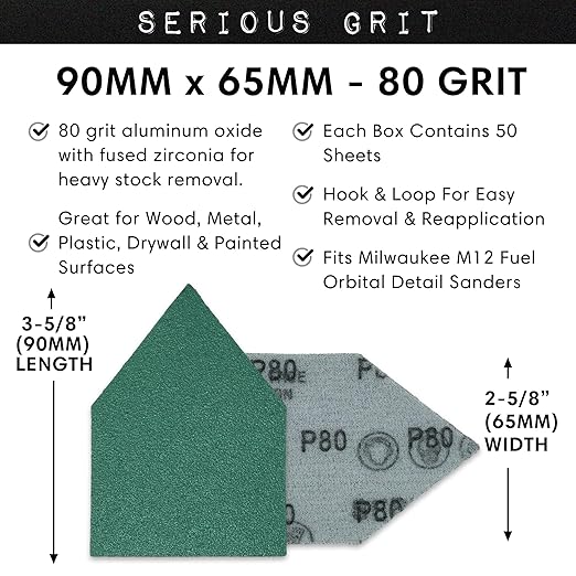 Serious Grit - 80 Grit 90mm x 65mm Triangle Sanding Sheets - Fits Milwaukee M12 Fuel™ Sanders - Heavy-Duty Hook & Loop Film Sandpaper Pads for Orbital Detail Sanders - 50 Pack Box