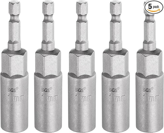 HARFINGTON 5pcs Nut Driver Drill Bit 11mm Metric Socket 1/4" Hex Shank 3.15" (80mm) Long 6-Point Sockets Quick Change CR-V Steel Bolt Setters for Power Drill Drivers