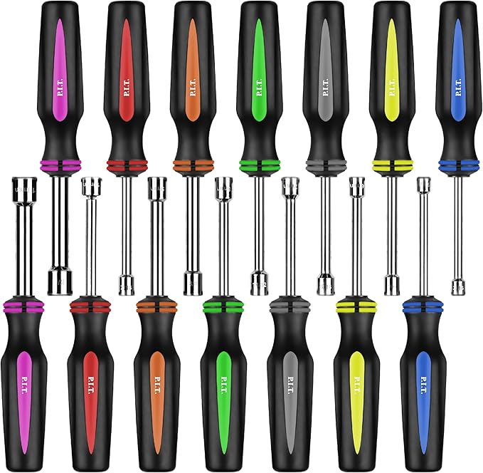P.I.T.14PC SAE and Metric Nut Driver Set,Solid Shaft Nut Drivers(3/16 to 1/2 Inch and 5 to 10 mm) For Tightening and Loosening Fasteners with Color Coded Nonslip Comfort TPR Hand Grips.