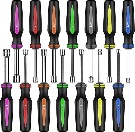 P.I.T.14PC SAE and Metric Nut Driver Set,Solid Shaft Nut Drivers(3/16 to 1/2 Inch and 5 to 10 mm) For Tightening and Loosening Fasteners with Color Coded Nonslip Comfort TPR Hand Grips.