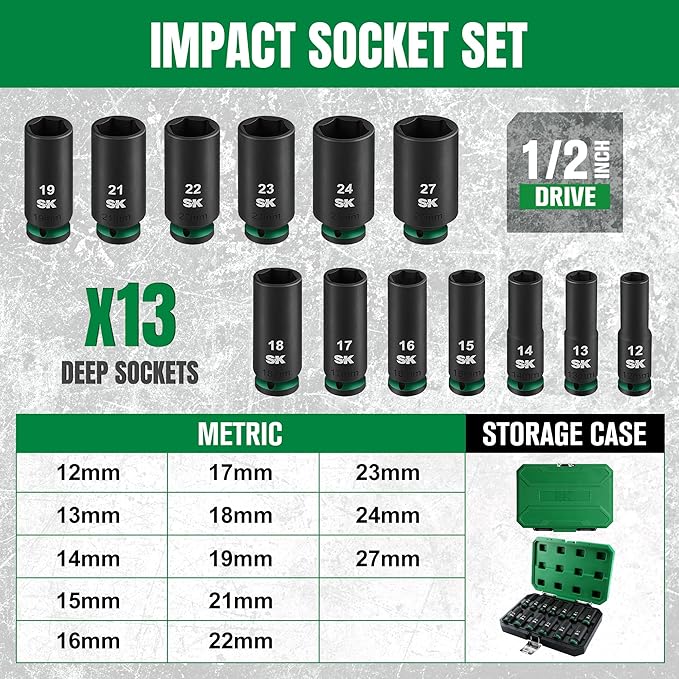 SK 1/2" Drive Impact Socket Set, Deep Metric Sockets, 13-Piece 12-27mm, Premium CR-MO Steel, SureGrip 6 Point Design, With Storage Case