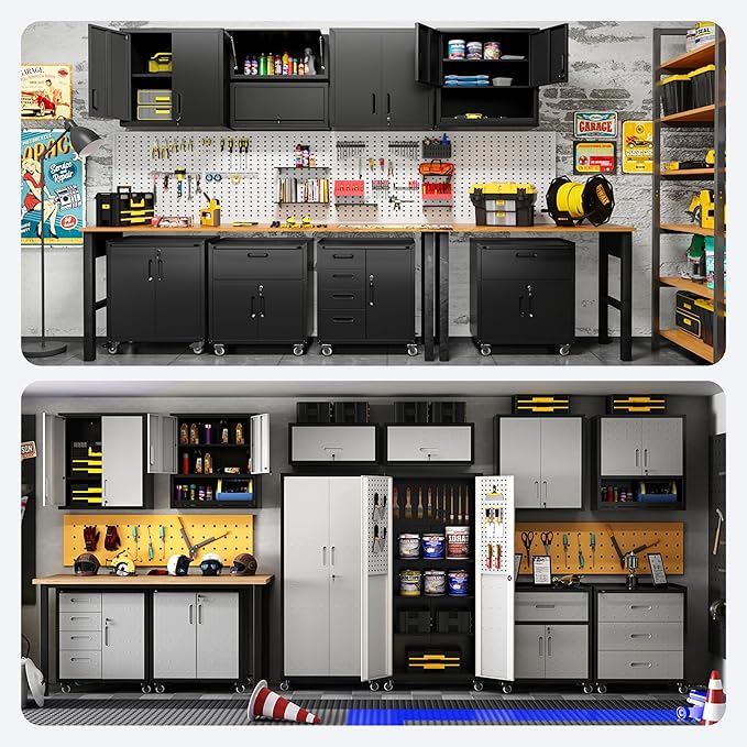 Metal Tool Cabinet,Garage Storage Cabinet System,Wall Cabinet & Locking Rolling Tool Cabinet with Doors and Adjustable Shelves,Steel Tool Cabinets for Home (5 Pcs-StyleC, Black)