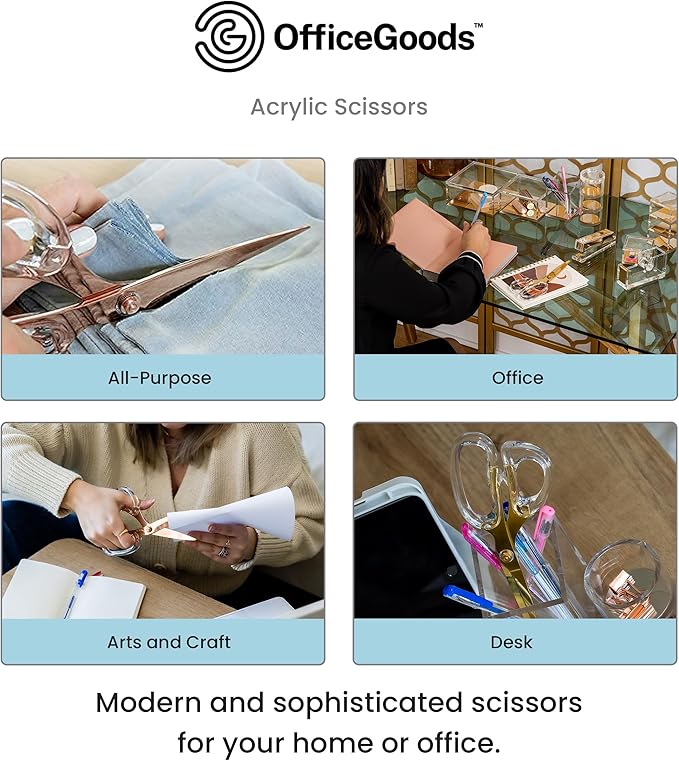 OfficeGoods 9??Stainless Steel Acrylic Scissors For Office and Home - Aesthetic and Sharp All Purpose Scissors, Perfect For Sewing, Arts and Crafts - Clear Rose Gold Metal