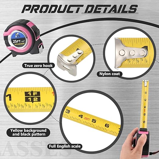 Youyole 10 Pack Tape Measure with Fractions 1/8 Steel Measuring Tape Retractable Easy Read Measurement Ruler Steel Power Blade (25 ft X 1 in,Pink)