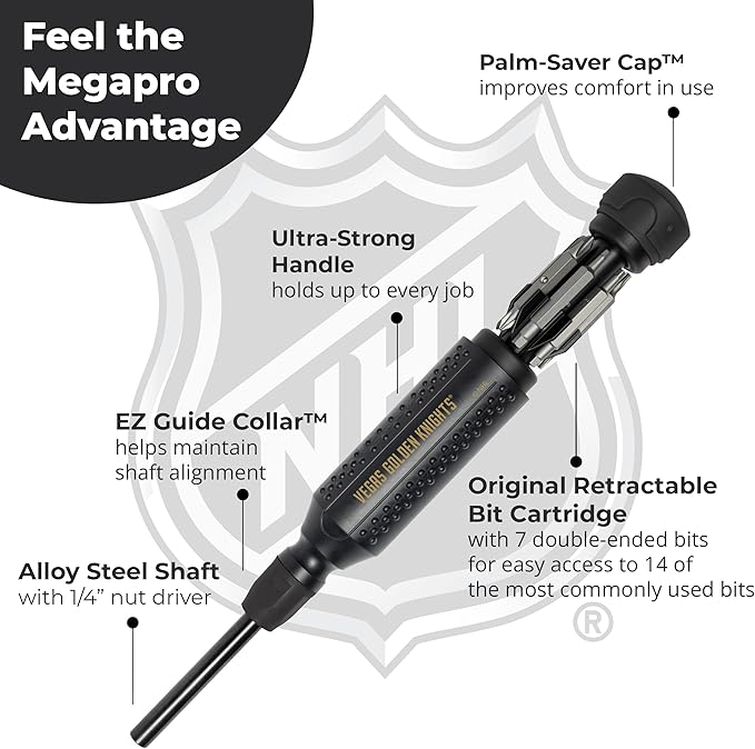 MEGAPRO짰 NHL짰 Team Edition Multi-bit Screwdriver | Officially Licensed NHL짰 Gear | Durable, Ergonomic, Pro-Grade Screwdriver (Vegas Golden Knights짰)