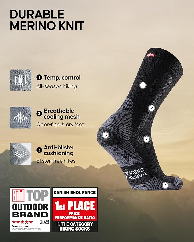 DANISH ENDURANCE Merino Wool Hiking Crew Socks for Men & Women, Cushioned Anti-Blister, Breathable - 3 Pairs