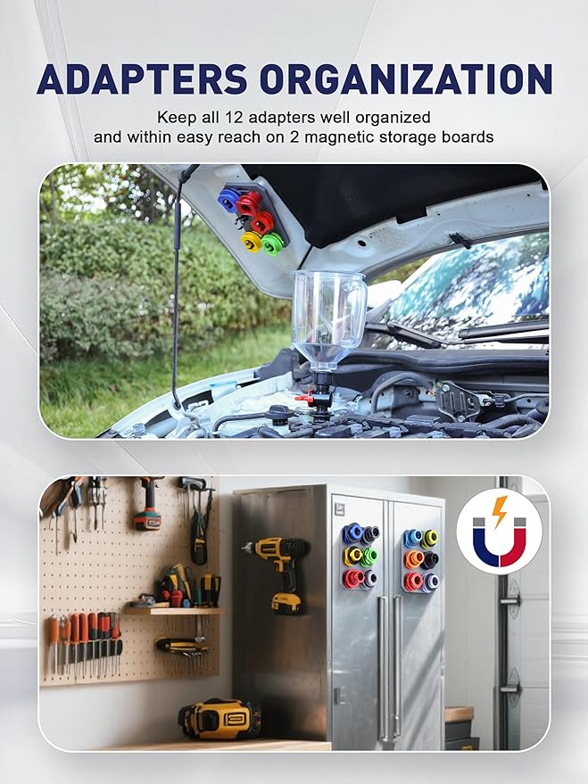 SMART JERRY - Spill-Proof Engine Oil Funnel Kit節쏰il Change Funnel w/ 12 Adapters & 2 Magnetic Adapter Organizer Boards節쏷ransparent Body w/Scale & Shut-Off Valve節쏹niversal Fit