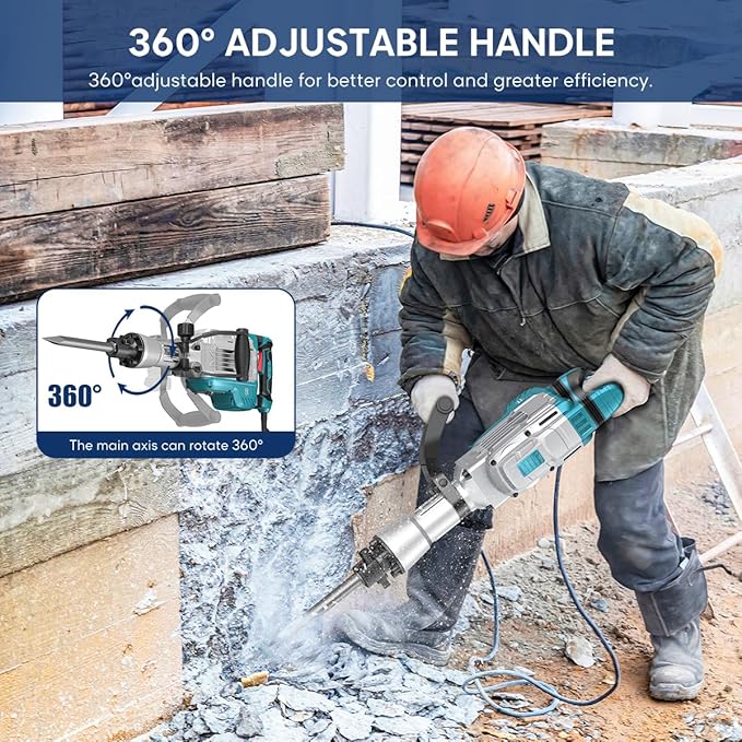 ENEACRO Demolition Jack Hammer 14.5Amp SDS-Hex Concrete Breaker, 65 Joules Heavy Duty Chipping Hammer Cement/Pavement/Floor Breaker, with 2pcs of chisels and Carry box with Rollers