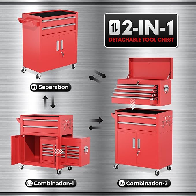 INTERGREAT 8 Rolling Drawers Tool Chest, Assembled Tool Chest with Wheels, Detachable Top Tool Box, Tool Cabinet for Repair Room,Warehouse, Rolling Tool Box with Hooks,Tray Divider,Liners, Red