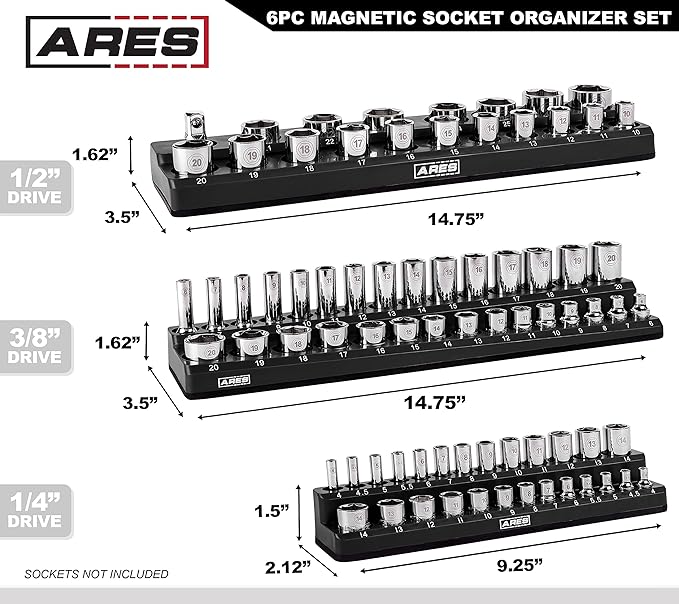 ARES 60057-6-Piece Magnetic Socket Organizers - Metric and SAE Set Black and Red -1/4 in, 3/8 in, 1/2 in Socket Holders -143 Pieces of Standard (Shallow) and Deep Sockets -Organize Your Tool Box