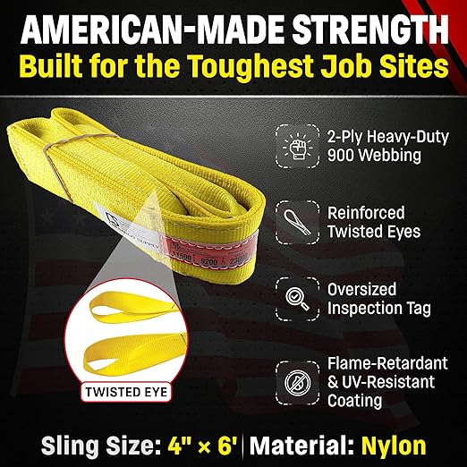 DD Sling 4 Inch x 6 Foot Nylon Lifting Sling – USA Made, 11,500 lb Vertical, 9,200 lb Choker, 23,000 lb Basket – 2-Ply Heavy Duty 900 Webbing, Type 4 Twisted Eye & Eye Rigging Sling, Safety Orange