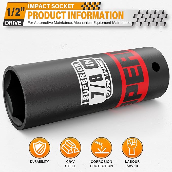 1/2" Drive Impact Socket, 7/8 inch Deep Socket, SAE, 6 Point, CR-V, for Car Repair, Loosen the Fastening Nut