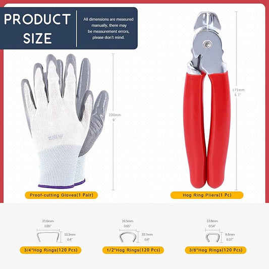 Hilitchi 360Pcs Galvanized Hog Rings with Straight Hog Ring Pliers and Protective Gloves Set Professional Upholstery Installation Tool for Bungee Shock Cords Animal Pet Cages Bagging and More