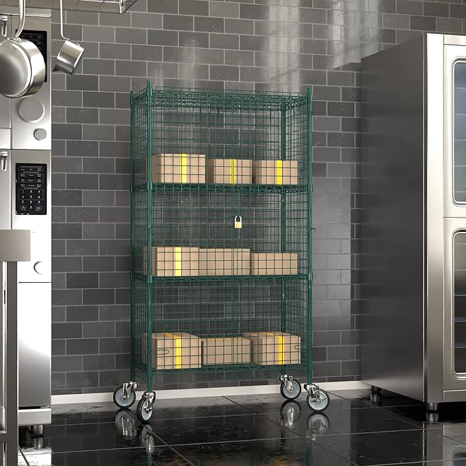 Commercial Grade NSF Listed Metal Wire Mesh Storage Green Epoxy Mobile Security Cage Kit, 18" x 36" x 70", Perfect for Warehouse, Walk-in Refrigerator, Freezer, Grocery Store, Restaurant, Dishroom