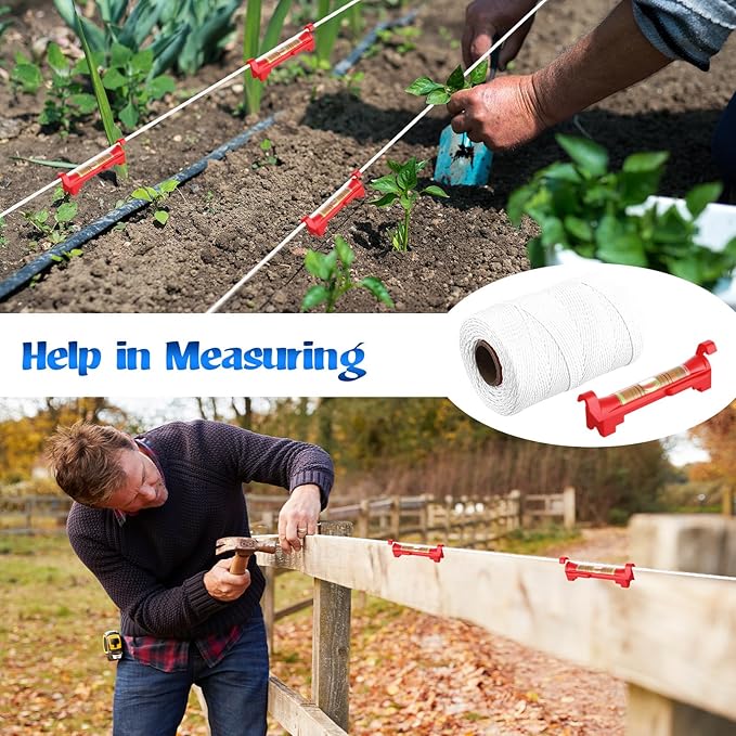 2 Pack #18 500 ft Mason Line String & 10 Pack Built-in Levels, String Level Line Kit for DIY, Gardening Work, Construction Twine Outdoor Projects Layout Brick Working (Fluorescent White)