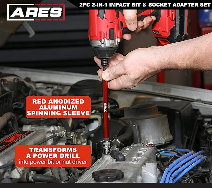 ARES 22027 ??2-in-1 Impact Bit and Socket Adapter Set ??3-Inch and 8-Inch Adapters - Unique Design Holds Standard 1/4-Inch Hex Bits and 3/8-Inch Drive Sockets ??Spinning Sleeve Stabilizes Adapter