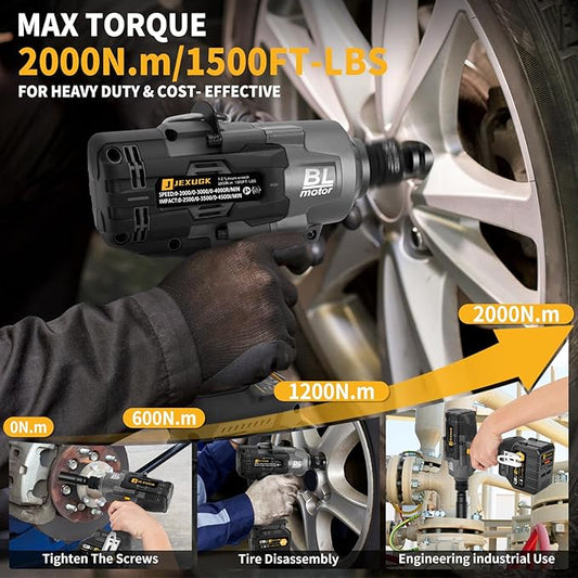 1500Ft-lbs 1/2" Cordless Impact Gun, 2000Nm Impact Wrench with 2 x 6.0Ah Battery & 5 Socket, 21V Brushless High Torque Electric Pistolas de Impacto, Llave de Impacto for Heavy Truck Mower