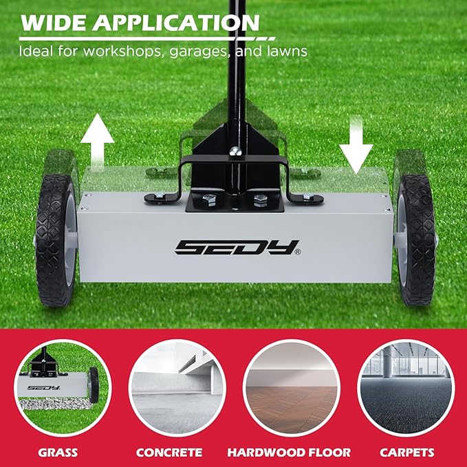 18-Inch Rolling Magnetic Sweeper with 9.5-inch Magnetic Trays, 45-Pound Capacity Telescoping Magnetic Pickup Lawn Sweeper, Adjustable Handle Pick-up Sweeper for Nails, Screws Workshop Garage Yard