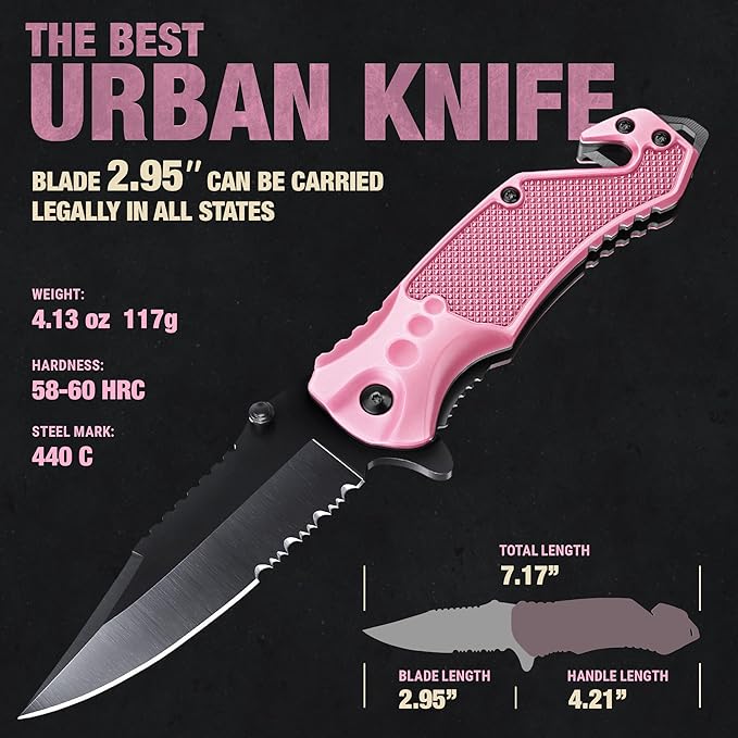 GOOD WORKER Legal Pocket Knife with 2.95??Serrated Blade, Glass Breaker, Seat Belt Cutter - EDC Sharp Folding Knives with Portable Clip - Small Tool for Tactical Camping Survival Hiking - Gifts for Men, Women