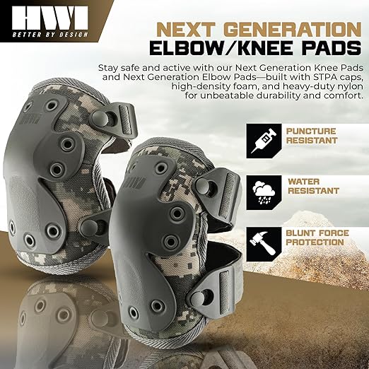 HWI Gear Next Generation Elbow/Knee Pads for Protection: Combat, Mechanics, Construction, Hunting, Landscaping, Outdoor Survival, Heavy Duty Industrial Grade, Adjustable