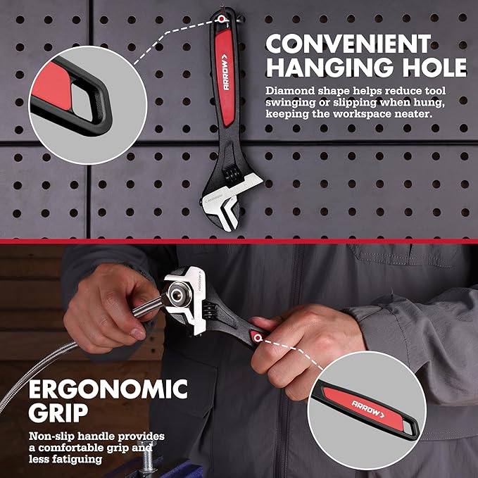 ARROW 8-Inch Adjustable Wrench, Cr-V Steel, Wide Jaw Black Oxide Wrench with Inch/Metric Laser Scales, Non-Slip Grip & Hanging Hole, for Home, Garage, Workshop and DIY