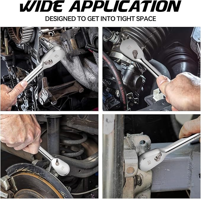 DISEN 1/2" Drive Ratchet,90-Tooth Ratchet Wrench with 14" Handle and Dust Proof Teardrop Enclosed Head, Reversible, CR-V Steel Made, CR-MO Head, Full Polished, Gifts for Men