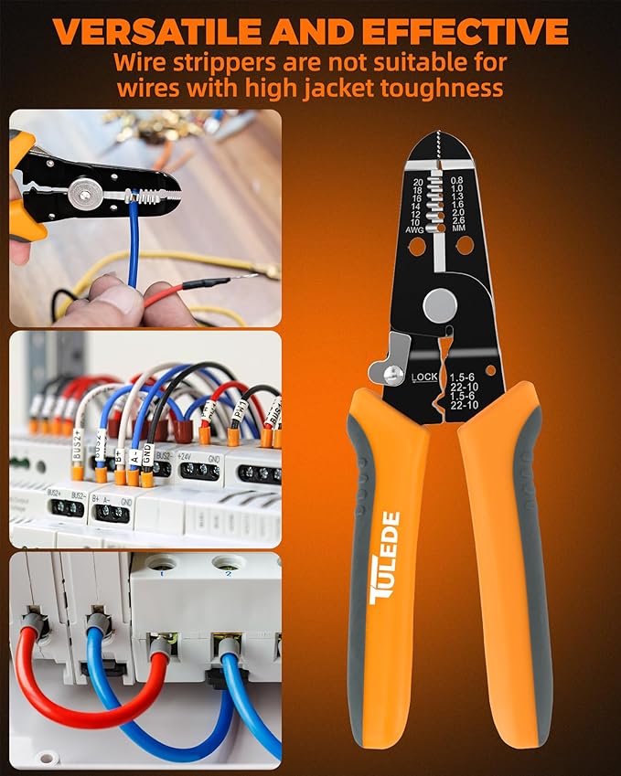 TULEDE 3 in 1 Wire Stripper Tool, 7.5 Inch Wire Stripper/Cutter/Crimping Tool for 10-20 AWG Solid and Stranded Wires, Come with Safety Lock & Invisible Spring, Made of 65Mn for Durability