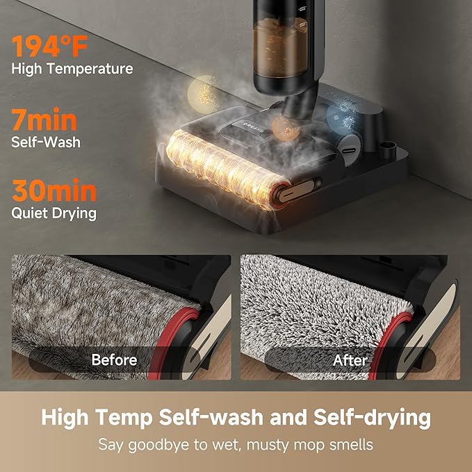 DREAME H12 FlexReach Vacuum Mop, 0 Tangle Wet Dry Vacuum Cleaner, Cordless Vacuum Mop All-in-One for Hard Floors, 180째 Lie-Flat Floor Cleaner Machine with 194째F Hot Self-Cleaning, 50Mins Runtime