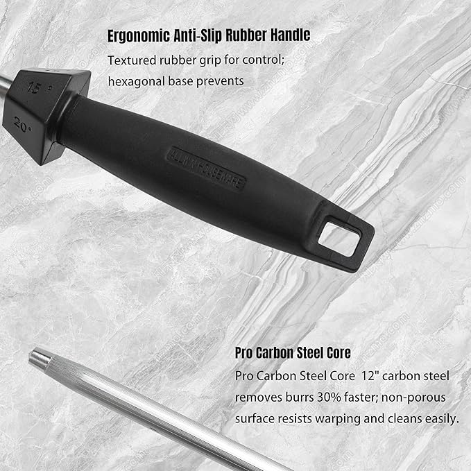 Knife Sharpener Knife Sharpening Rod Honing Steel with 15째-18째-20째Angle Guides Professional Carbon Steel with Black Rubber Grip for Kitchen Chef House Gift 10''