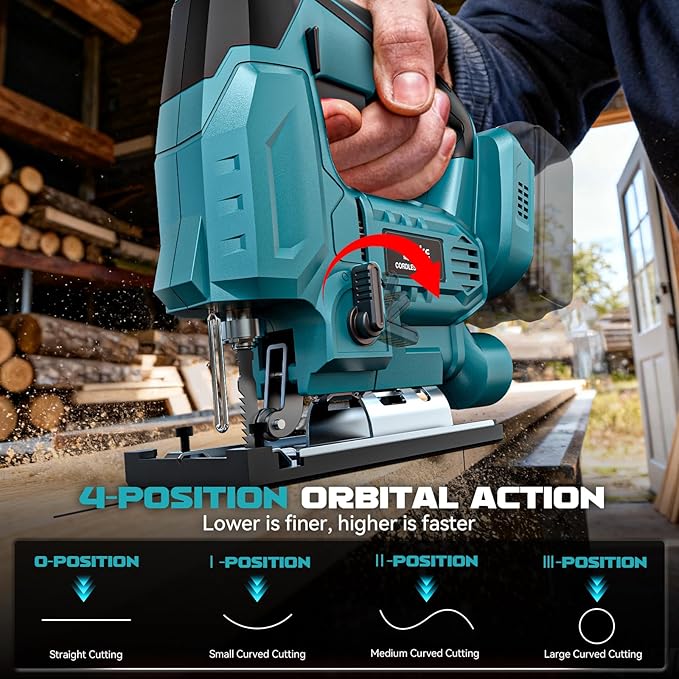 Ecarke Cordless Jig Saw Compatible With Makita 18V Battery (Only Tool), 4 Orbital Sets, 6 Variable Speeds Control, Dust-Blowing, ±45° Bevel Cuts, LED Light and 6PCS Blades For Cutting