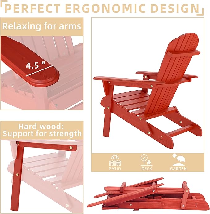 Outdoor Wooden Folding Adirondack Chair with Pre-Assembled BackRest & SeatBoard, Accent Furniture for Patio Backyard Garden Porch Deck Pool Firepit