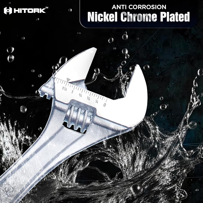 Hitork 3-Piece Adjustable Wrench Set 6-Inch, 8-Inch, 10-Inch, Chrome-Plated Cr-V Steel, Wide Opening Jaws, Laser Etched SAE & Metric Scale, Polished Head, Smooth Knurl, Roll Pouch Included