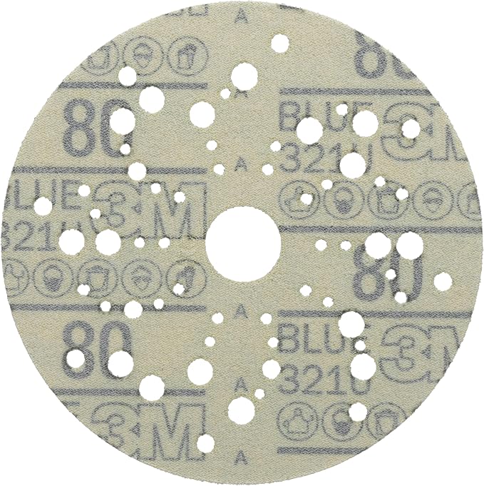 3M Hookit Blue Abrasive Discs 36157, Multi-Hole, 5 in, 80+ Grade, Pack of 50, Virtually Dust-Free, for Auto Sanding, Body Repair, Featheredging, Primer Sanding, Paint Preparation, E-Coat Sanding